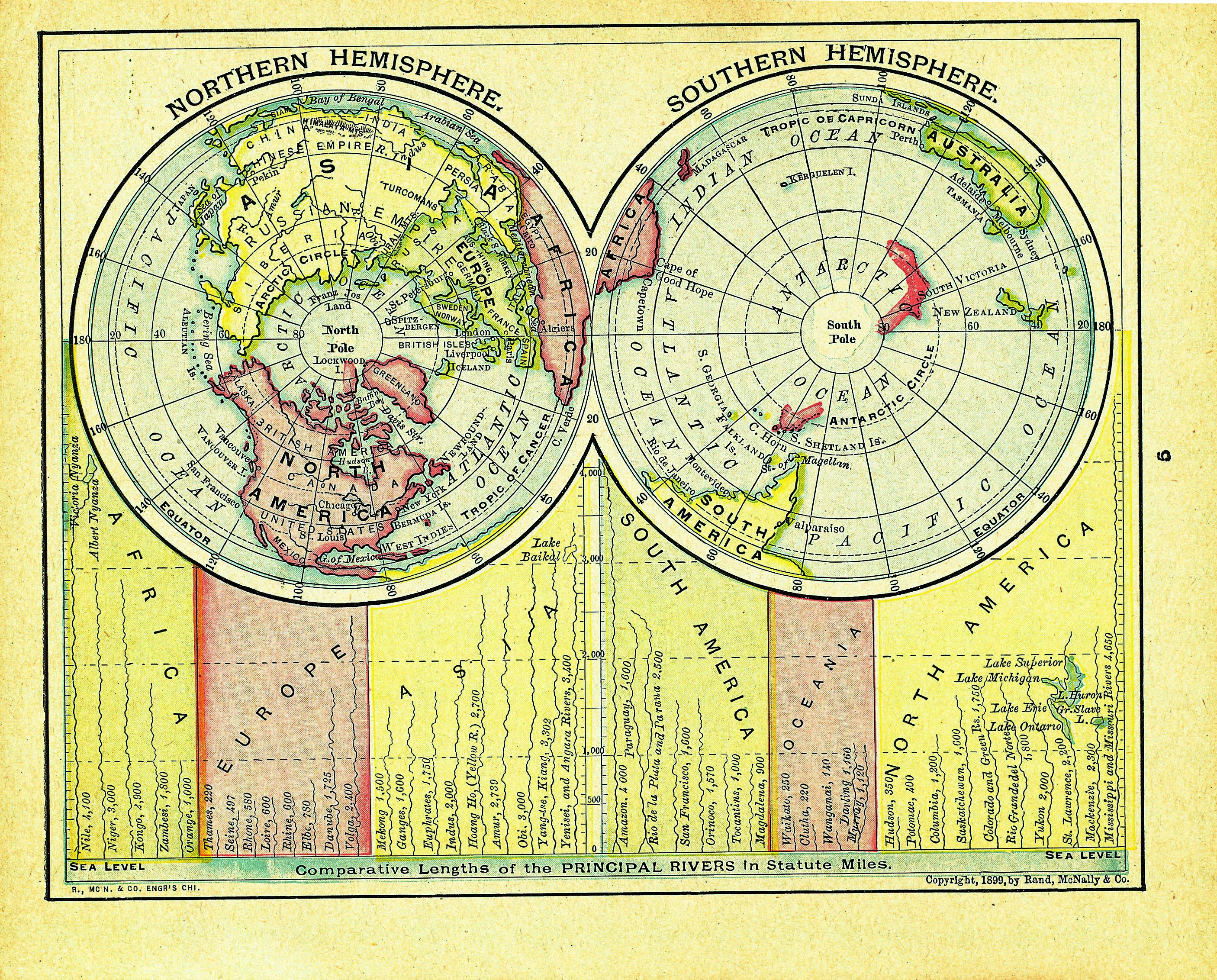 1910 Dollar Atlas Vintage Map Pages - Northern and Southern Hemisphere map on...